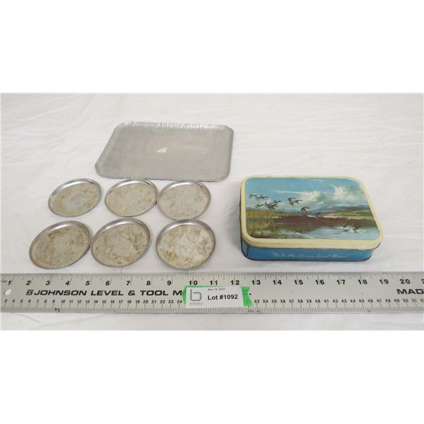 Blue Bird toffee tin + tin toaster + plate