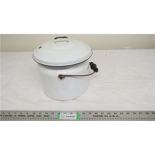 Enamel Chamber Pot with wooden handle - 9" diameter - 10" tall