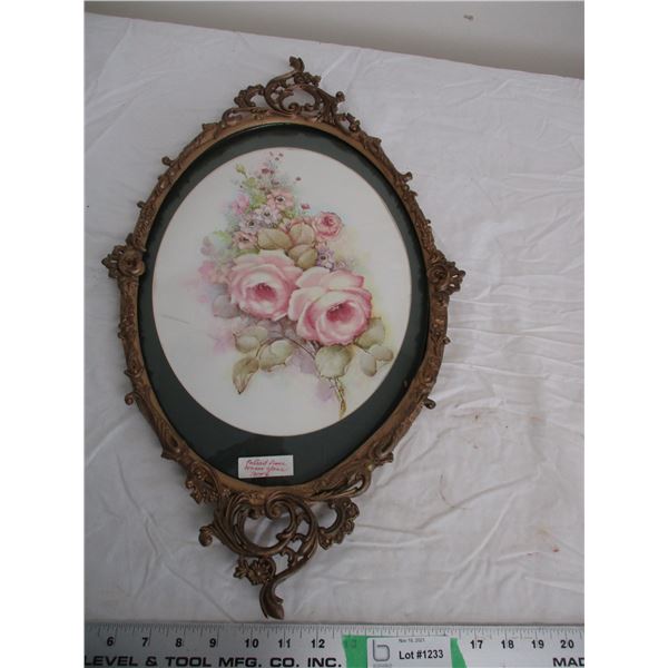 portrait frame canvas glass (1800's?) 24" long (clips missing on back of frame)