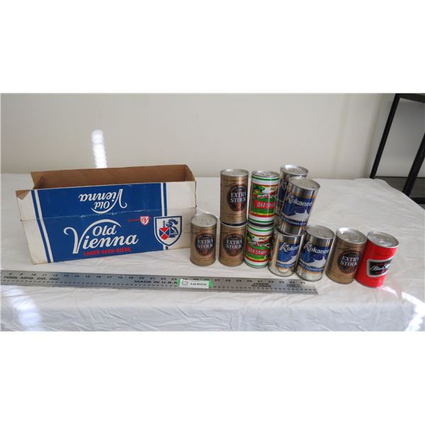 old vienna beer case with vintage tin cans (empty)