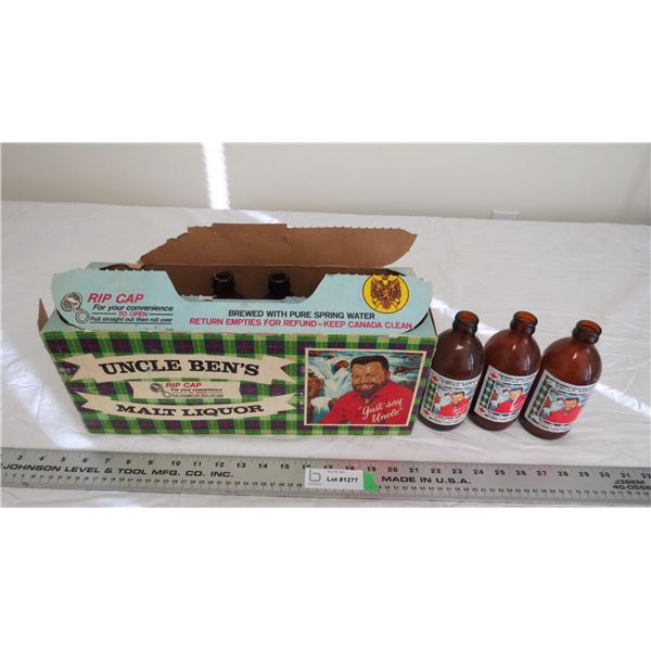 uncle bens beer case with 12 empty (uncle bens) beer bottles