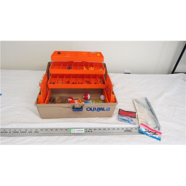 old pal tackle box with hooks + misc