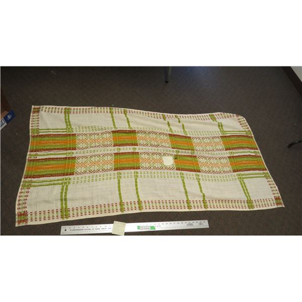 woven linen table cloth made in poland -1970's? - 38"x74" - has burn hole