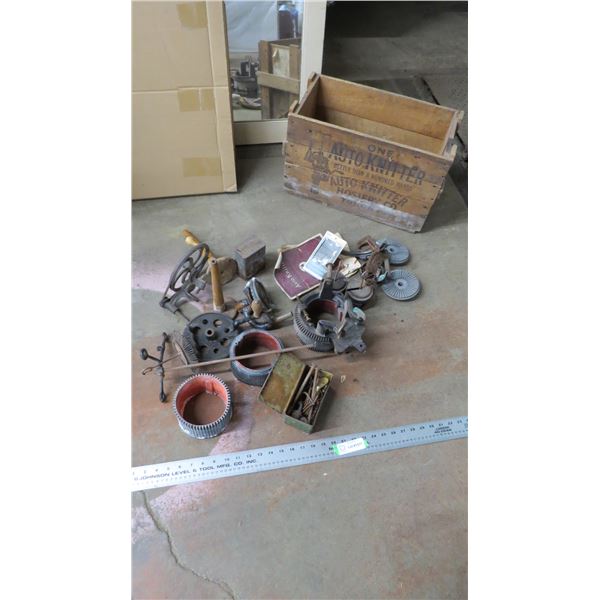 sock knitting parts (warped, weathered) with original crate