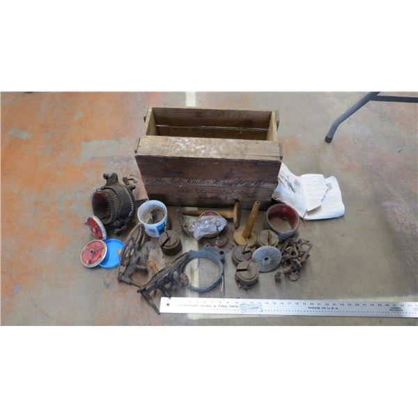 Vintage auto knitter sock machine parts - original crate - plus manual (rough condition)