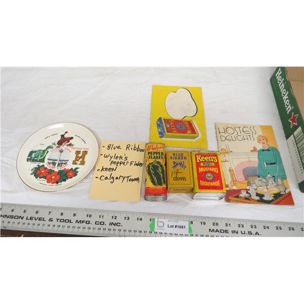 vintage spice tins, keons mustard recipe book, calgary collector plate