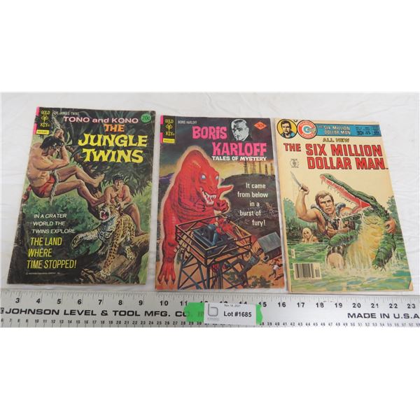 (3) the jungle twins, boris karloff, six million dollar man comics