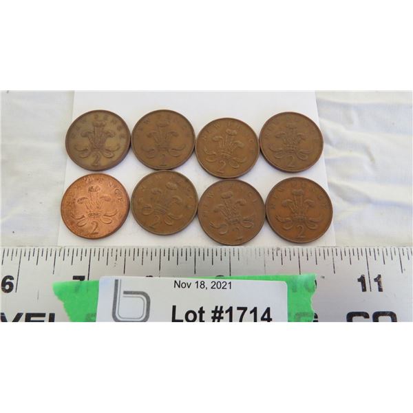 (8) 2 new pence coins 1971-78-80