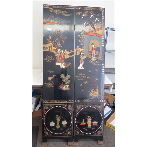 Two Panels of a Vintage Oriental Lacquer Screen. Hand painted panels with applied carved stonesjade?