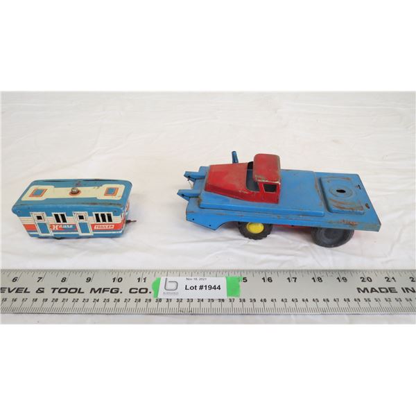 made in japan friction toy truck + tin house trailer (as is)
