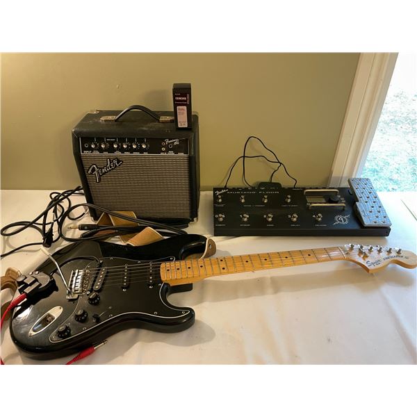 Squier by Fender Stratocaster guitar with case - Fender 15G Amp & Fender Mustang Floor