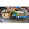 Image 1 : 3 TRAYS AND 2 BOXES OF TOOLS AND SHOP SUPPLIES, POWER TOOLS, CIRCULAR SAW, SANDER, PIPE CONNECTORS, 
