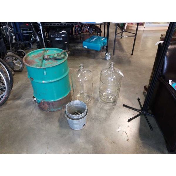 2 FRAME HONEY EXTRACTOR, 2 GLASS CARBOYS AND GALVANIZED METAL PAIL