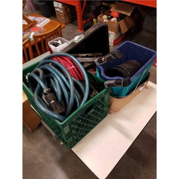 BOX TRAY AND CRATE OF TOOLS, HOSES, CAMP STOVE, CIRCULAR SAW