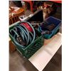 Image 1 : BOX TRAY AND CRATE OF TOOLS, HOSES, CAMP STOVE, CIRCULAR SAW