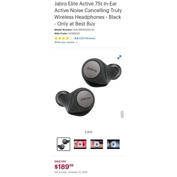 Jabra Elite Active 75t In-Ear Active Noise Cancelling Truly Wireless Headphones - Black - Retail $24