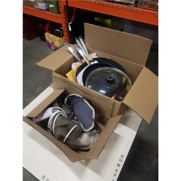 BOX OF PANS WITH HAMILTON BEACH COFFEE MAKER, NECK MASSAGER AND HEATING PAD