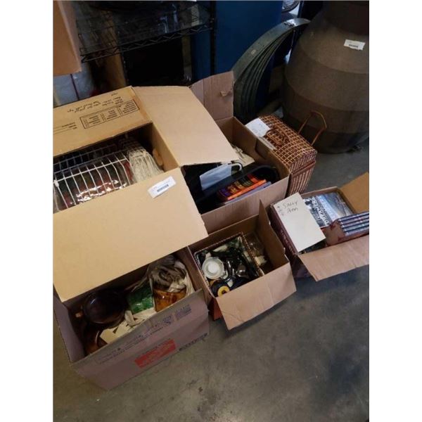 6 BOXES OF ESTATE GOODS, GLASSWARE, TOWELS, WOOD BOWLS, ETC