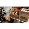 Image 1 : 3 BOXES OF HALLOWEED DECORATIONS AND COSTUMES, STROBELIGHT, BLACK LIGHT, ANIMATRONIC SKULL