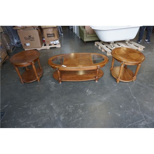 3 PIECE OAK COFFE TABLE SET WITH GLASS INSERT COFFEE TABLE AND 2 ENDTABLES