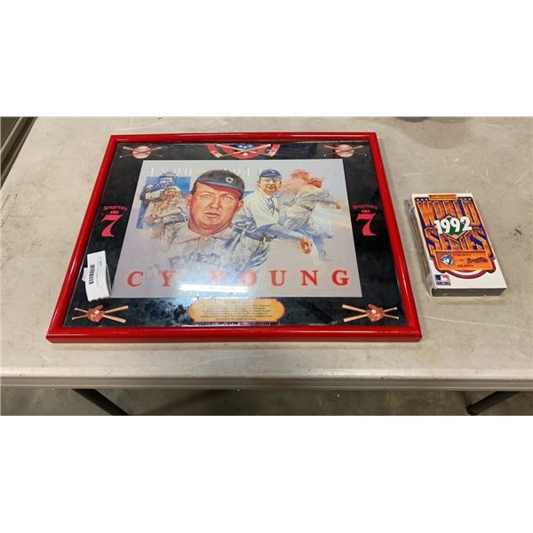 CY YOUNG 20" X 15.5" COMMEMORATIVE MIRROR AND BLUE JAYS WORLD SERIES TAPE