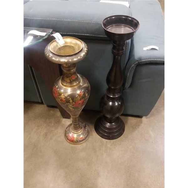 BRASS VASE AND METAL PEDESTAL DISH - 30 INCHES TALL AND 33 INCHES TALL