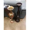 Image 1 : BRASS VASE AND METAL PEDESTAL DISH - 30 INCHES TALL AND 33 INCHES TALL