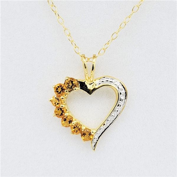 NEW STERLING SILVER YELLOW GOLD PLATED GENUINE CITRINE HEART PENDNAT WITH STERLING CHAIN, 7 CITRINE 