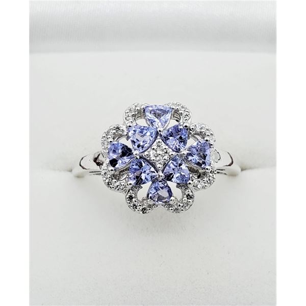 NEW STERLING SILVER GENUINE TANZANITE (1CT) & WHITE SAPPHIRE (0.28CTS) RING, W/A $1000.00, SIZE 7