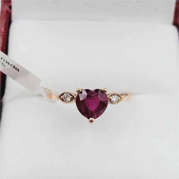 NEW 10KT. ROSE GOLD 6.13MM X 5.76MM NATURAL RUBY (1CT) & DIAMOND (0.04CTS) HEART RING, W/A $1120.00