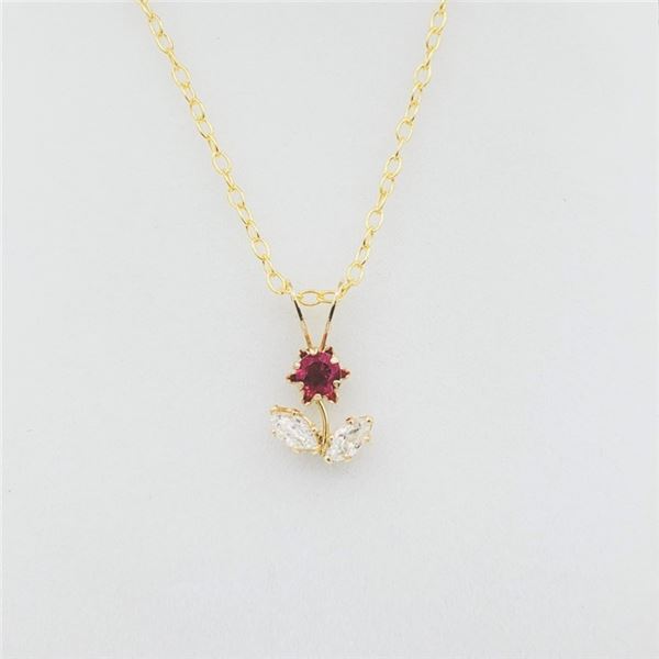 NEW 14KT. YELLOW GOLD 3.1MM X 3.1MM NATURAL RUBY (0.16CTS) & CZ FLORAL PENDANT WITH STERLING CHAIN, 