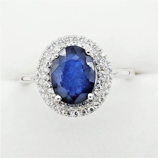 NEW STERLING SILVER 9.25MM X 7.2MM GENUINE SAPPHIRE (2.17CTS) & CZ COCKTAIL RING, W/A $980.00, SIZE 