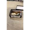 Image 1 : BOX OF SEMI PRECIOUS STONES, AMBER AND FOSSILIZED FISH PIN