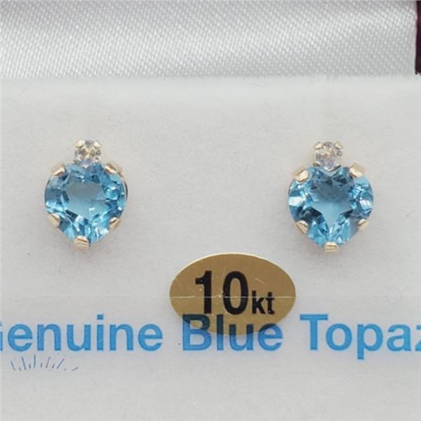 NEW 10KT. YELLOW GOLD 6MM X 6MM GENUINE BLUE TOPAZ & CZ EARRINGS, RETAIL $600.00