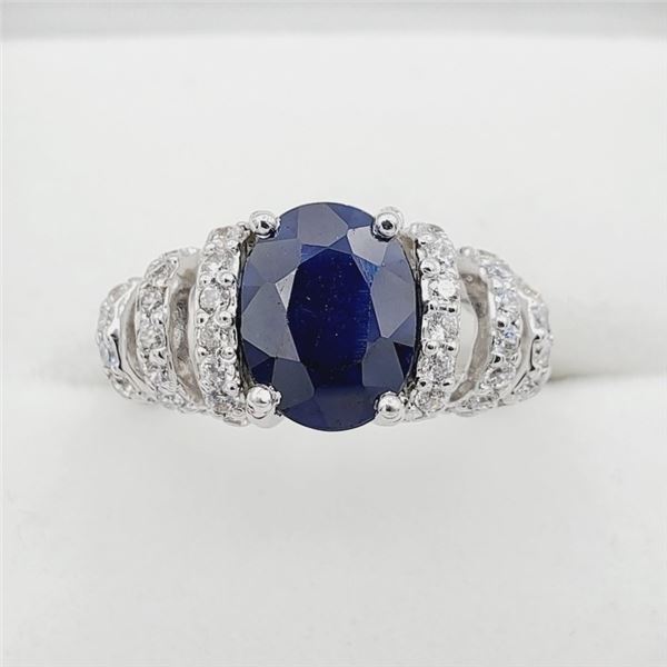 NEW STERLING SILVER 9MM X 7MM GENUINE BLUE SAPPHIRE (2CTS) & CZ RING, W/A $960.00