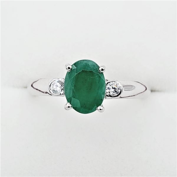 NEW STERLING SILVER 8.1MM X 6.12MM GENUINE EMERALD (1.5CTS) & CZ RING, W/A $880.00 SIZE 7.5