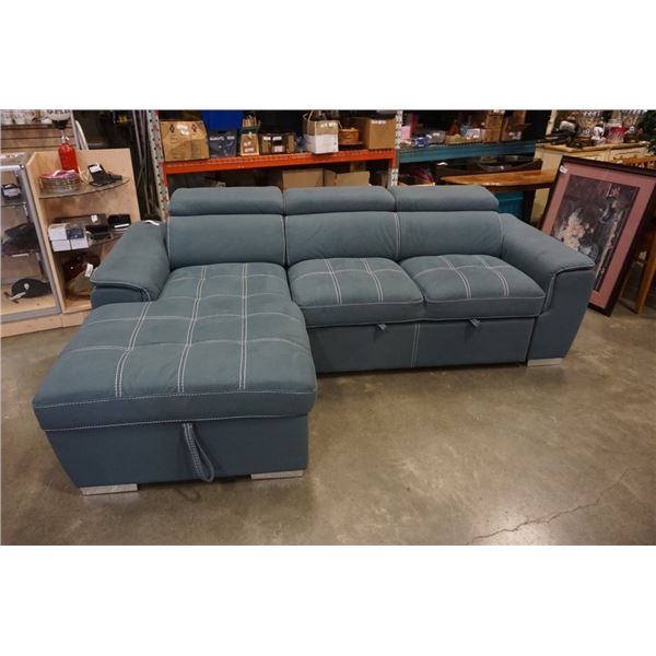 BLUE 2 PIECE SECTIONAL WITH WHITE STICHING, STORAGE CHAISE, ADJUSTABLE HEADRESTS AND PULLOUT SECTION