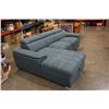 Image 2 : BLUE 2 PIECE SECTIONAL WITH WHITE STICHING, STORAGE CHAISE, ADJUSTABLE HEADRESTS AND PULLOUT SECTION