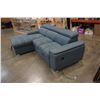 Image 3 : BLUE 2 PIECE SECTIONAL WITH WHITE STICHING, STORAGE CHAISE, ADJUSTABLE HEADRESTS AND PULLOUT SECTION