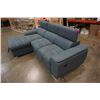 Image 4 : BLUE 2 PIECE SECTIONAL WITH WHITE STICHING, STORAGE CHAISE, ADJUSTABLE HEADRESTS AND PULLOUT SECTION