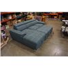 Image 7 : BLUE 2 PIECE SECTIONAL WITH WHITE STICHING, STORAGE CHAISE, ADJUSTABLE HEADRESTS AND PULLOUT SECTION