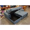 Image 9 : BLUE 2 PIECE SECTIONAL WITH WHITE STICHING, STORAGE CHAISE, ADJUSTABLE HEADRESTS AND PULLOUT SECTION