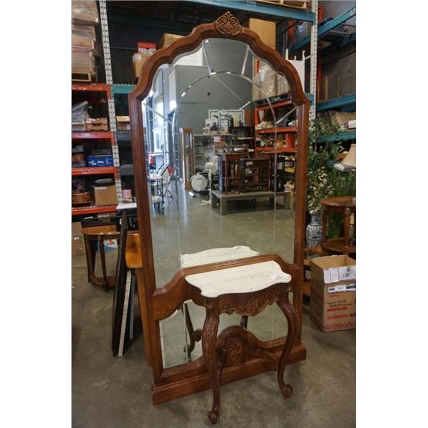 CARVED WOOD MIRROR ENTRANCE STAND WITH STONE TOP