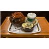 Image 1 : VINTAGE TRAY, TINS, AND BEAN CROCK