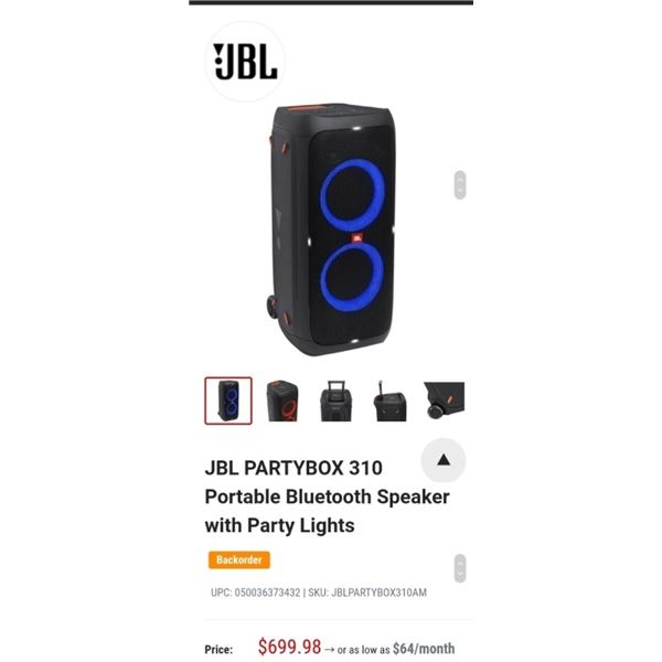 JBL PARTYBOX 310 Portable Bluetooth Speaker with Party Lights retail $699.98