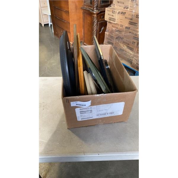 BOX OF WALL CLOCKS AND PRINTS