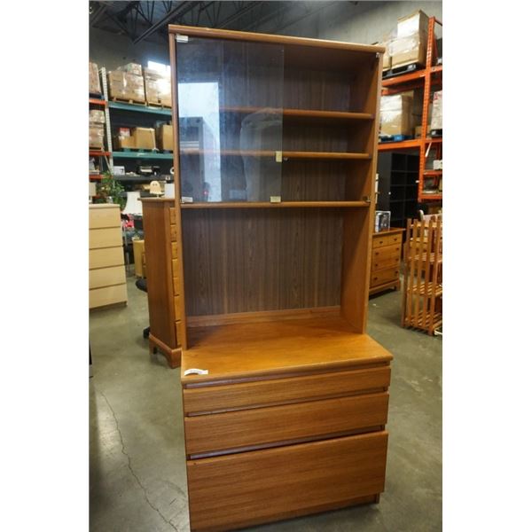 TEAK FINISH 2 PIECE DISPLAY CABINET SHELF WITH 3 DRAWERS