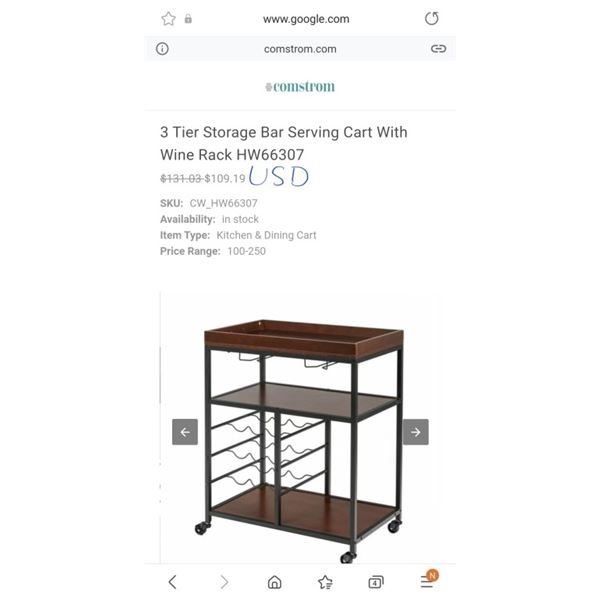 3 Tier Storage Bar Serving Cart With Wine Rack HW66307