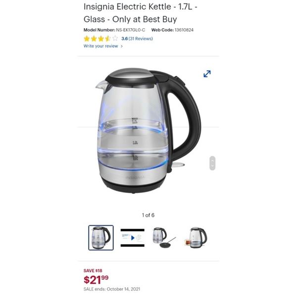 Insignia 1.7L Glass Electric Kettle - tested working