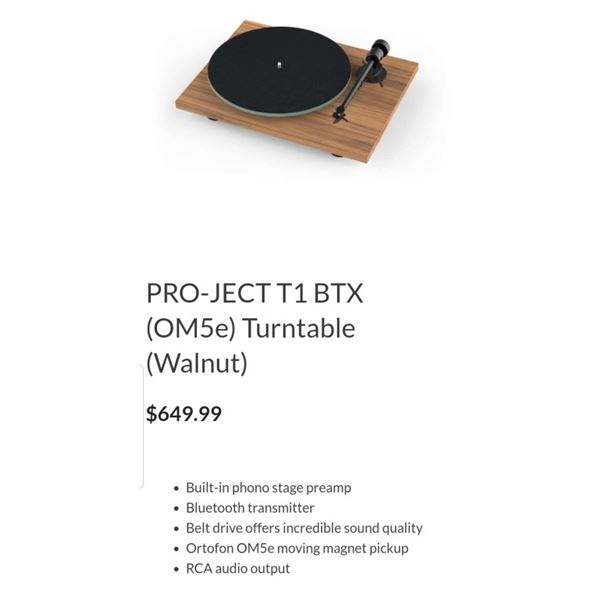 PRO-JECT T1 BTX TURNTABLE WALNUT RETAIL $649.99